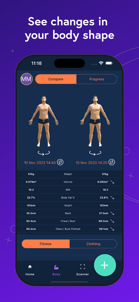 3D Measure Me: Body Progress - フィットネスデータとともに2つの3Dボディスキャンの並べて比較を示すモバイルアプリのインターフェース。