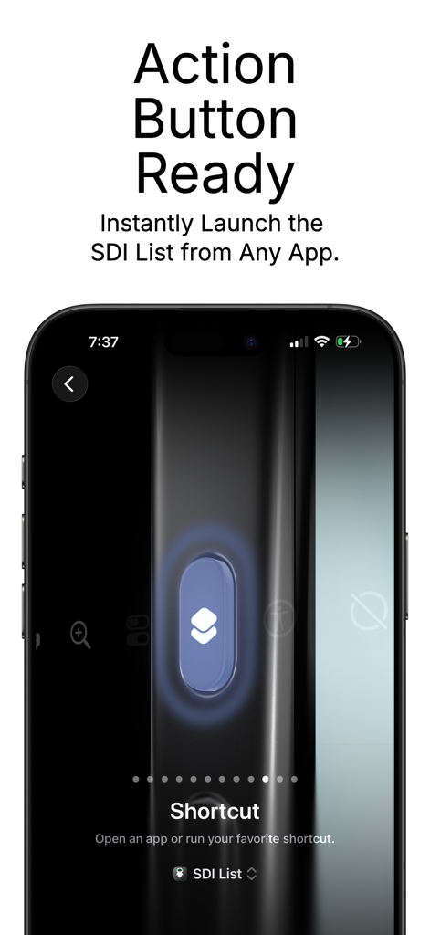 Una pantalla que muestra cómo configurar el Botón de Acción del iPhone para lanzar instantáneamente la Lista SDI desde cualquier aplicación.