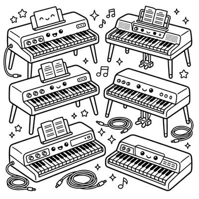 Unleash your creativity with this charming Kawaii Electric Pianos coloring page. Perfect for music lovers and Kawaii art enthusiasts, this design features multiple adorable keyboard instruments ready for your artistic touch.