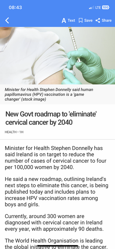 RTÉ News - L'application RTE News affiche un article de santé sur la feuille de route pour éliminer le cancer du col de l'utérus d'ici 2040.