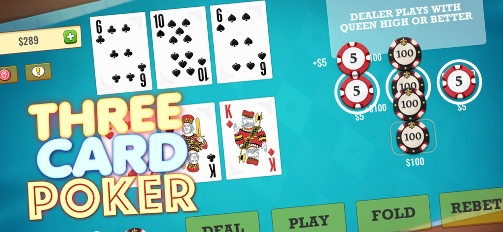 Gameplay-Bildschirm von Three Card Poker Mania, der Karten und Casino-Wettchips auf einem blauen Tisch zeigt