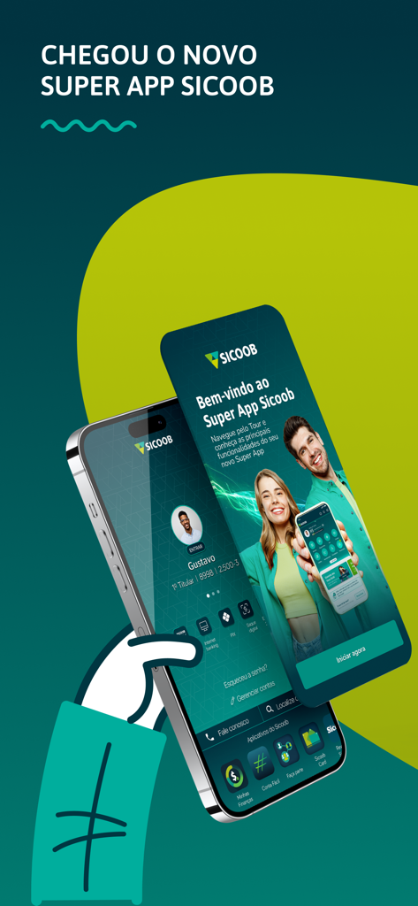 Sicoob - Un smartphone mostrando la pantalla de bienvenida de la Super App Sicoob con iconos de transacciones financieras