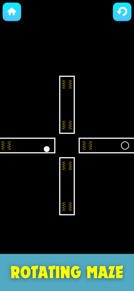 Offline Games Hub: Mini Games - A screenshot of a rotating maze puzzle game featuring a ball and cross-shaped obstacles from the Offline Games Hub app