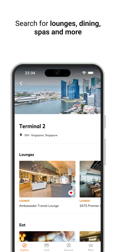Mastercard Airport Experiences app screen displaying airport lounges and dining options in Singapore Terminal 2