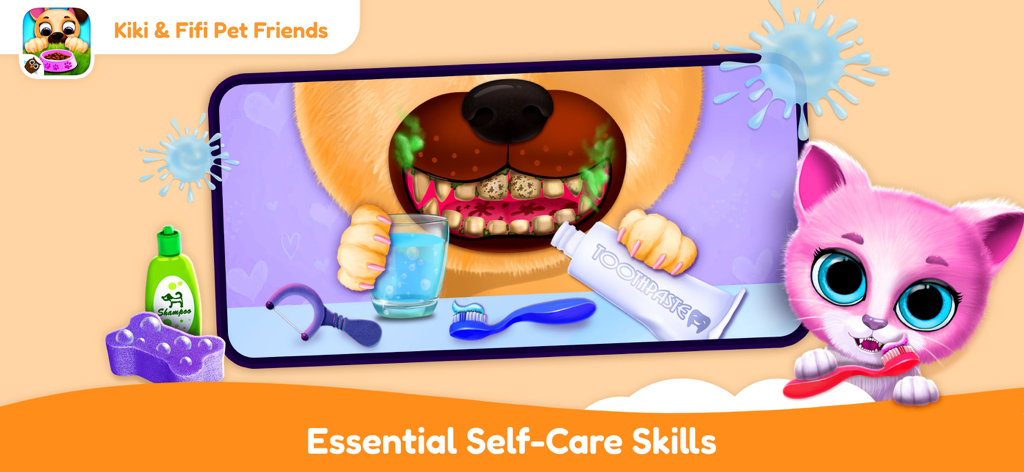 Little Minds: Game Bundle - Un juego de cuidado de mascotas para niños que muestra una actividad interactiva para cepillar los dientes de un perro, enseñando habilidades de autocuidado.