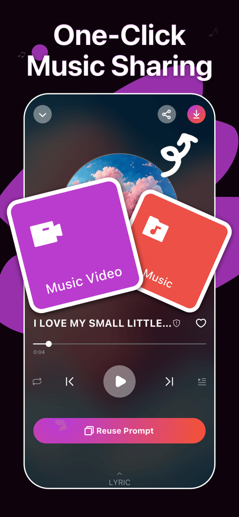 Mobile app interface of Waazy showing one-click sharing options for AI-generated music and videos.