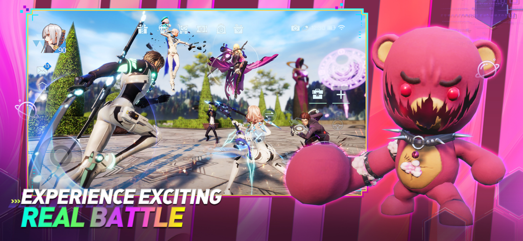 Futuristische Anime-Charaktere, die in einem Innenhof mit einem riesigen rosa Monsterbären kämpfen.