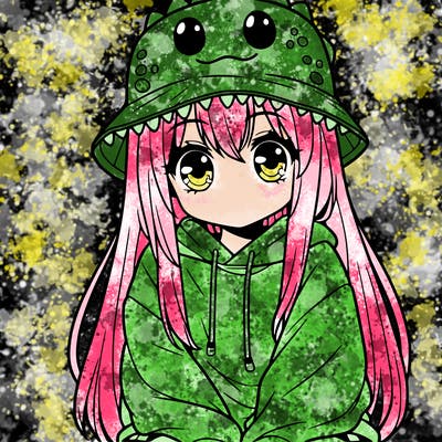 girl with anime shaped eyes with a dinosaur bucket hat oversized sweatshirt long straight hair