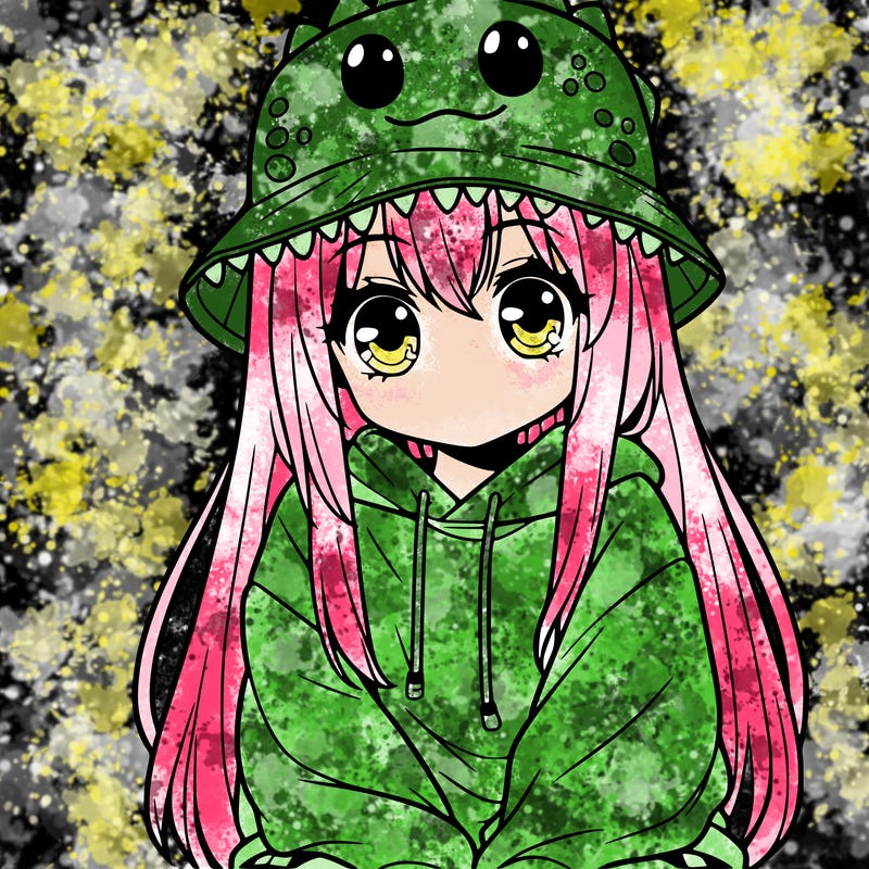 girl with anime shaped eyes with a dinosaur bucket hat oversized sweatshirt long straight hair