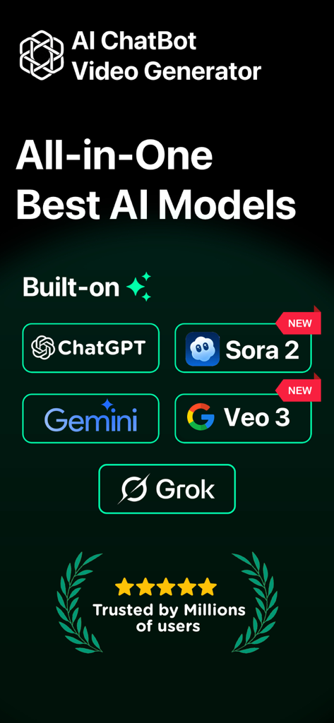 Pantalla de la aplicación que muestra modelos de IA integrados que incluyen ChatGPT Sora 2 Gemini Veo 3 y Grok.