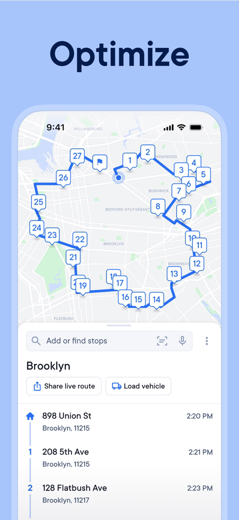 Spokeアプリに表示された、ブルックリンの複数の停車地を含む最適化された配送ルートの地図。