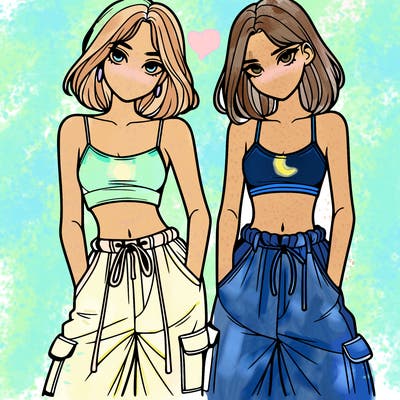 two girls with crop top with baggy pants