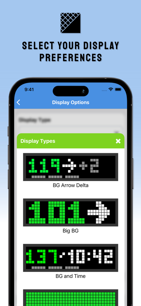 SugarPixel Hub - SugarPixel Hub app interface showing pixel art display options for blood glucose monitoring like BG Arrow Delta and Big BG