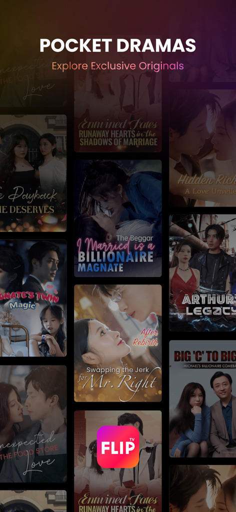 FlipTV - Watch Short Dramas - A mobile screen showing a gallery of exclusive short-form drama posters on the FlipTV app.