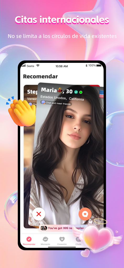 SeeTa: Corto, En vivo, Familia - Interface do aplicativo SeeTa mostrando um cartão de perfil de usuário para namoro internacional