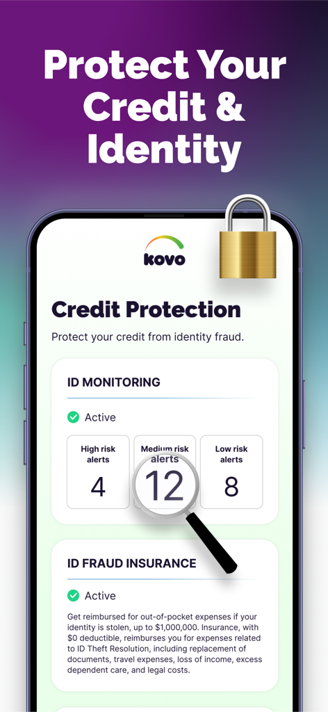Kovo app dashboard showing credit protection features including ID monitoring and fraud insurance.