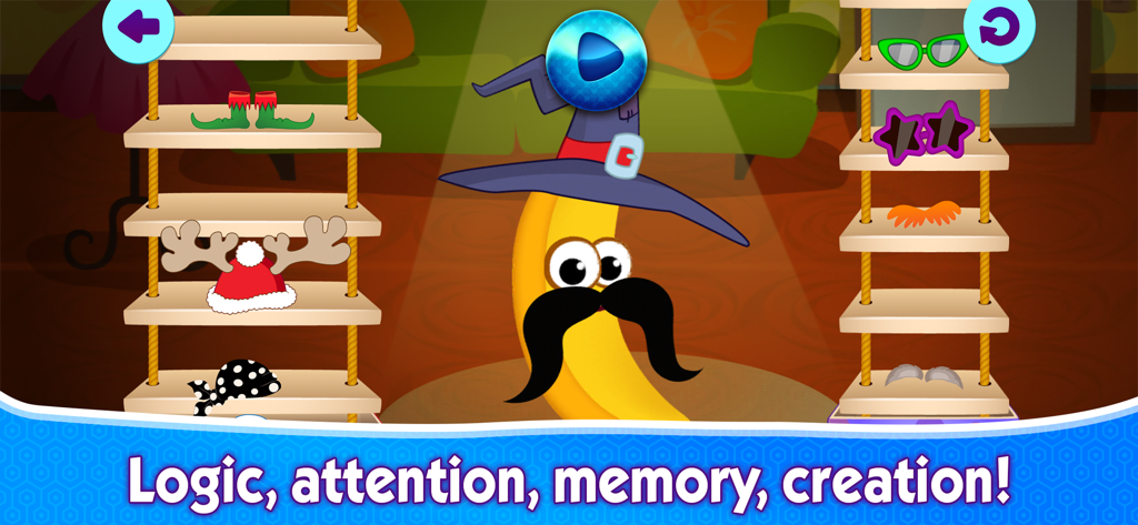 未就学児向けの着せ替え＆論理ゲームで、魔法使いの帽子と口ひげをつけたバナナのキャラクター。