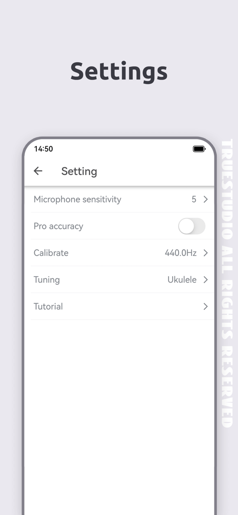 Ukulele Tuner - Ukutuna - Menu delle impostazioni dell'app Accordatore per Ukulele Ukutuna che mostra la sensibilità del microfono e le opzioni di accordatura