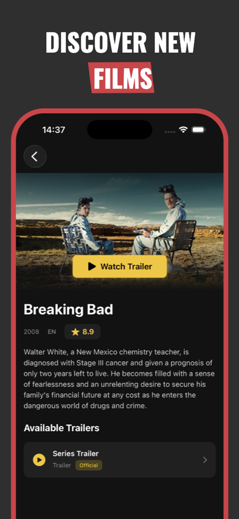 Buz Movie app detail screen for Breaking Bad featuring trailer button and rating