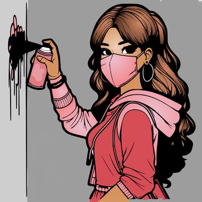 realistic girl with mask spray painting a wall