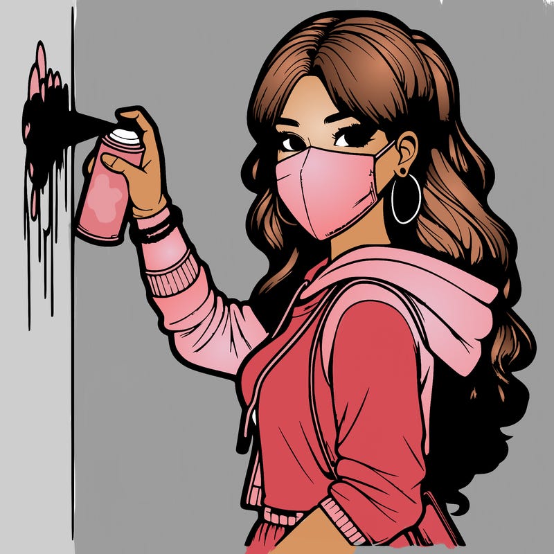 realistic girl with mask spray painting a wall