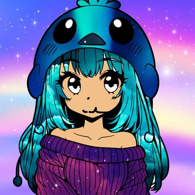 anime girl with chick shaped hat with sweater with bare shoulders with bangs covering them one eye with low tail