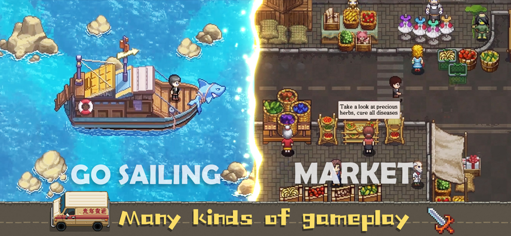 A split-screen pixel art image showing a sailing boat on the left and a busy town market with fruit stalls on the right