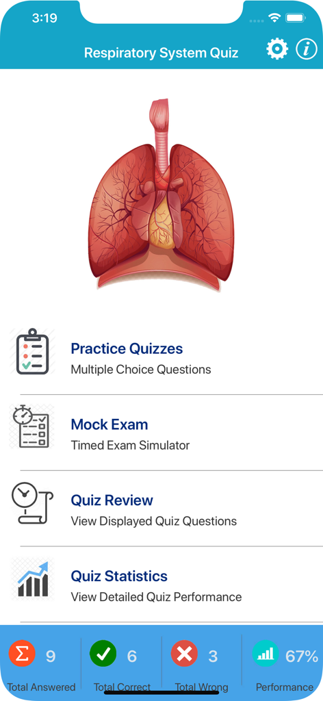 Respiratory System Quizzes - Menu principal do aplicativo Questionários do Sistema Respiratório mostrando uma ilustração anatômica do pulmão e opções para questionários práticos e simulados