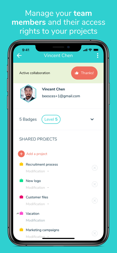 Beesbusy app interface showing a team member profile and shared project access rights management.