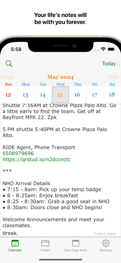 Daily Notes Planner 3 - Daily Notes Planner app screenshot showing text notes organized by date on a calendar interface