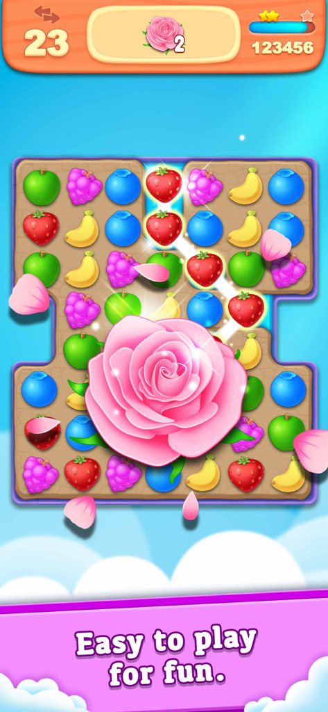 A casual fruit linking puzzle game screen featuring a large pink rose and connected strawberry icons.