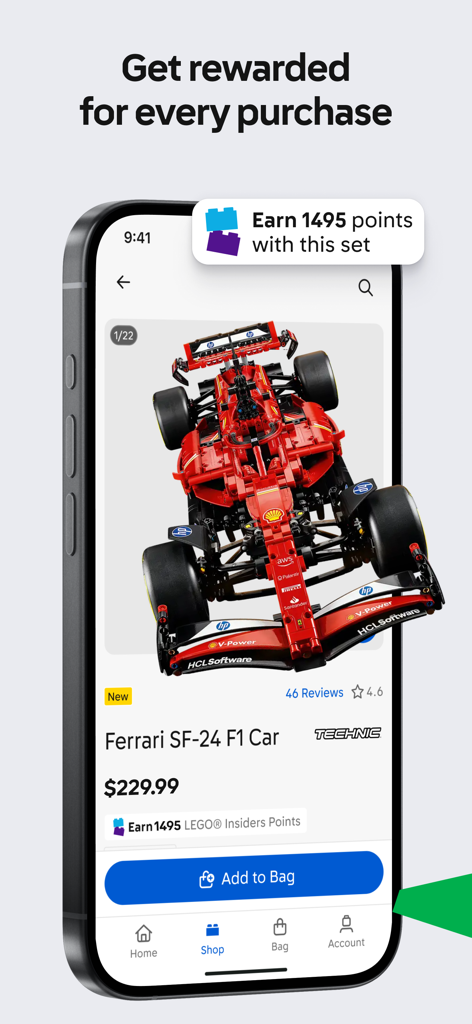 L'application LEGO Insiders affichant une voiture Ferrari F1 et les points de récompense accumulés