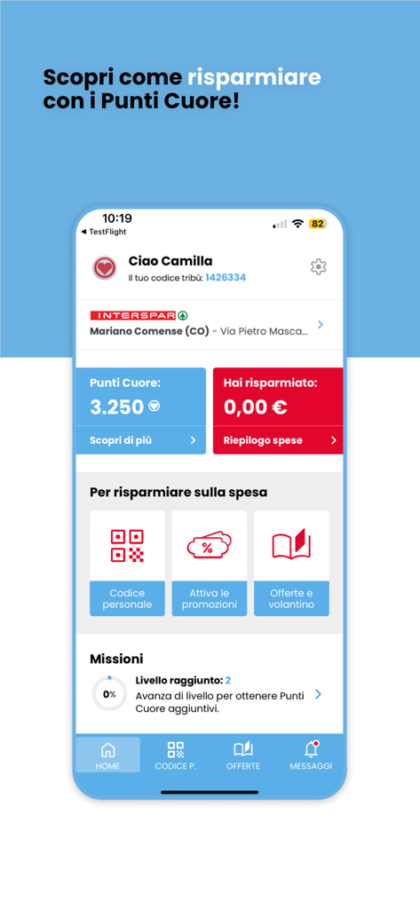 Despar Tribù - Dashboard dell'app mobile Despar Tribu che mostra punti fedeltà Cuore e opzioni di risparmio sulla spesa
