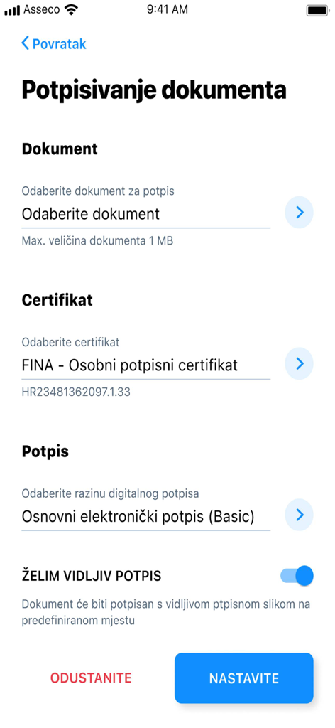 Fina e-Potpis Oblak - Fina e-Potpis Oblak mobile app interface for selecting documents and digital certificates for electronic signing.