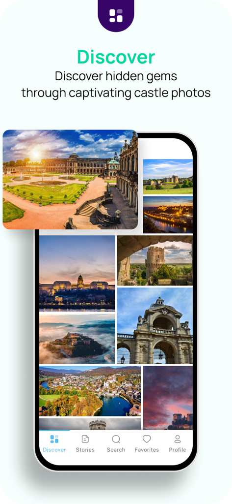 Castle.Tips-beautiful Castles! - A mobile phone displaying a gallery of beautiful castle photos on the Castle Tips app