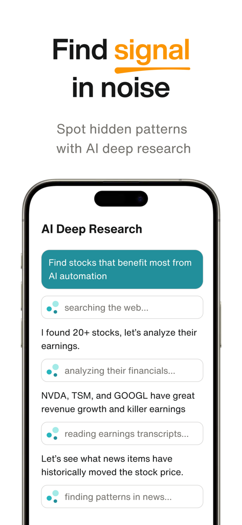 Bloom app screenshot showing AI deep research interface for finding stock market patterns and analyzing financials.