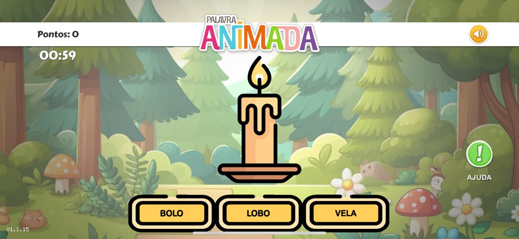 A screenshot of the Palavra Animada app showing a candle and word choices for literacy training