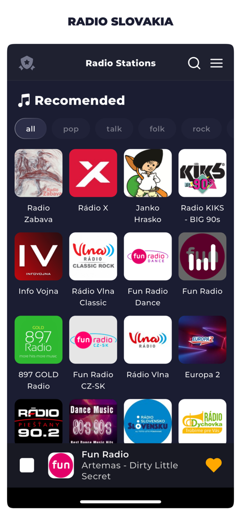 Interface of the Radio Slovakia FM app showing a list of recommended Slovak radio stations and genre categories.