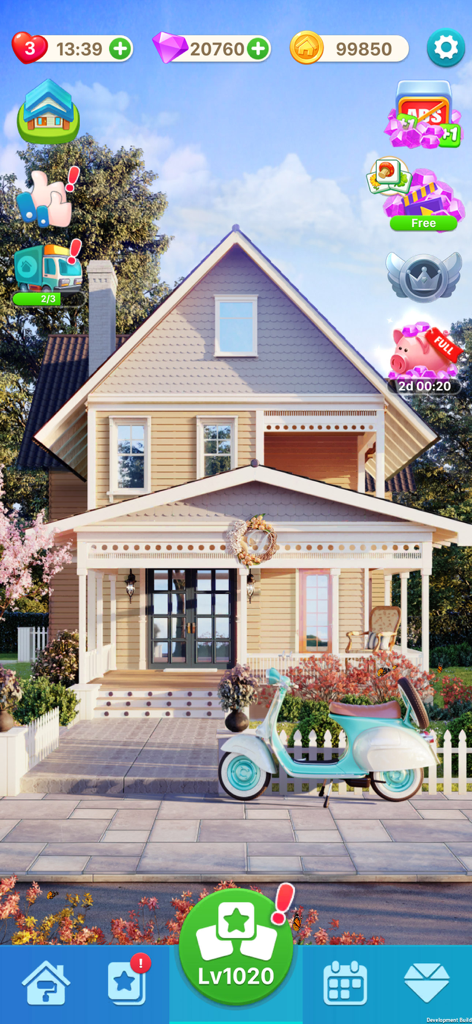 A two story suburban house with a vintage teal scooter in the Happy Makeover game