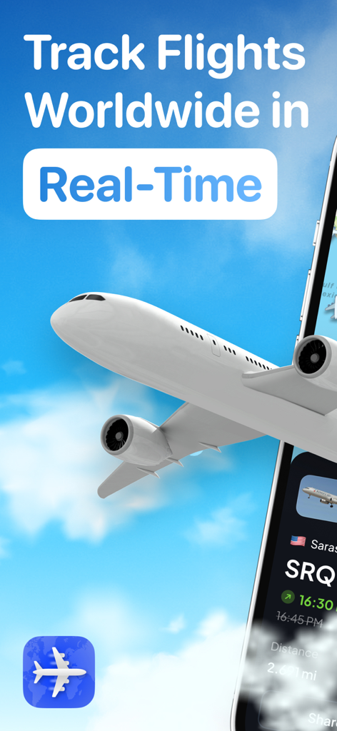 Sky Sync - Live Flight Tracker - Sky Sync flight tracker app promotional banner showing a 3D airplane and real-time flight data on a smartphone.