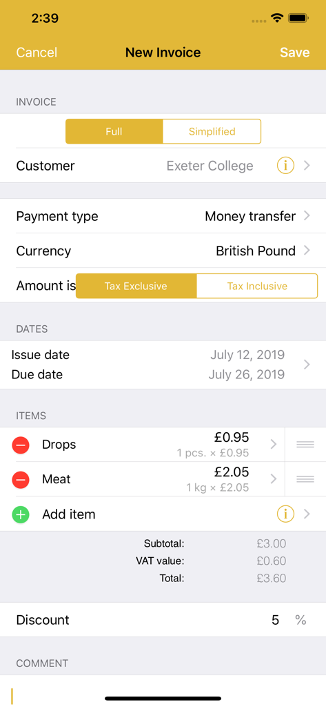 MyInvoice - Screen for creating a new invoice in the MyInvoice app featuring itemized lists and tax options