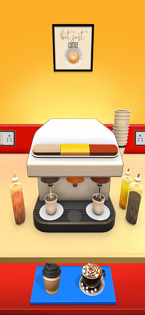 Uma máquina de café 3D dispensando bebidas no cantinho do café de um jogo simulador de restaurante.