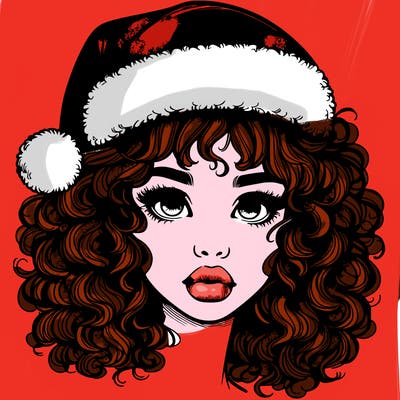 realistic girl with a santa hat curly hair and lips