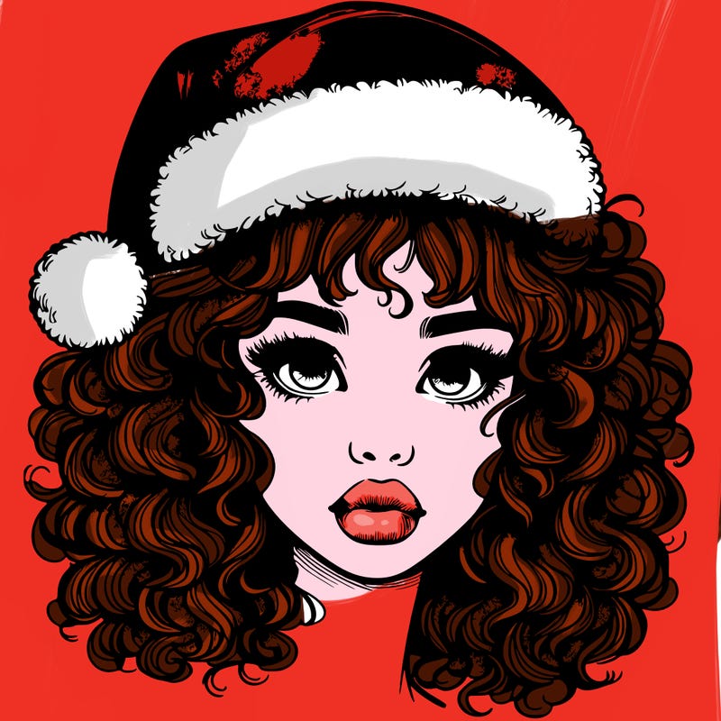 realistic girl with a santa hat curly hair and lips