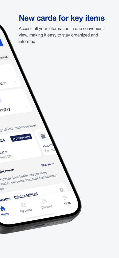 Signal Care Assistant - Interfaccia dell'app Signal Care Assistant che mostra schede dashboard per informazioni assicurative organizzate
