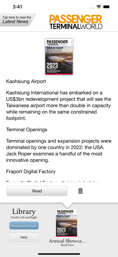 Passenger Terminal World - Die Benutzeroberfläche der mobilen App Passenger Terminal World mit Luftfahrtnachrichten und einer Ausgabenbibliothek.