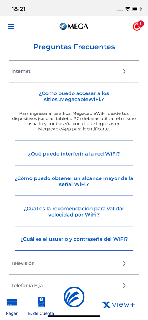 Megacable APP - Megacable 앱 FAQ 화면, 스페인어로 된 인터넷 및 WiFi 서비스에 대한 자주 묻는 질문 표시