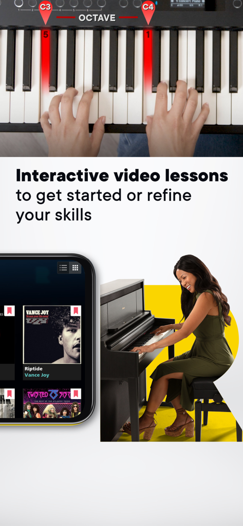 Rocksmith plusのインタラクティブなビデオレッスンと視覚的なキーボードキューを使用してピアノを学習している女性。