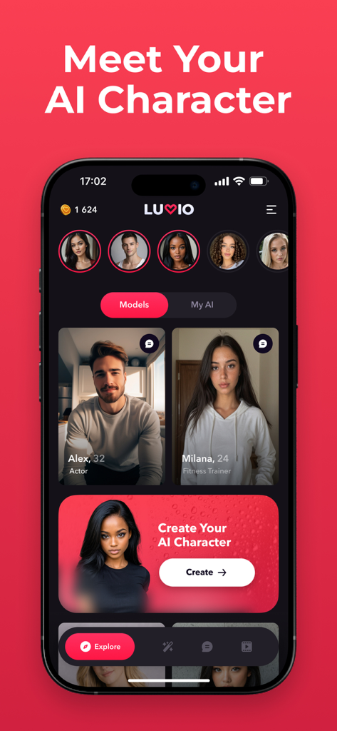 Luvio: Chat with AI Character - Luvio mobile app interface showing various AI characters available for chat including Alex the actor and Milana the fitness trainer