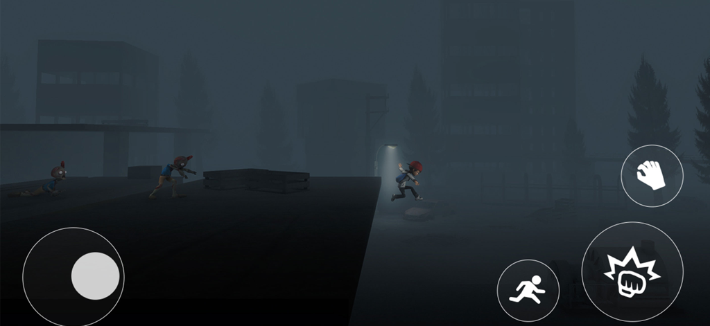 A boy character jumps between platforms while being chased by creatures in a dark foggy world.